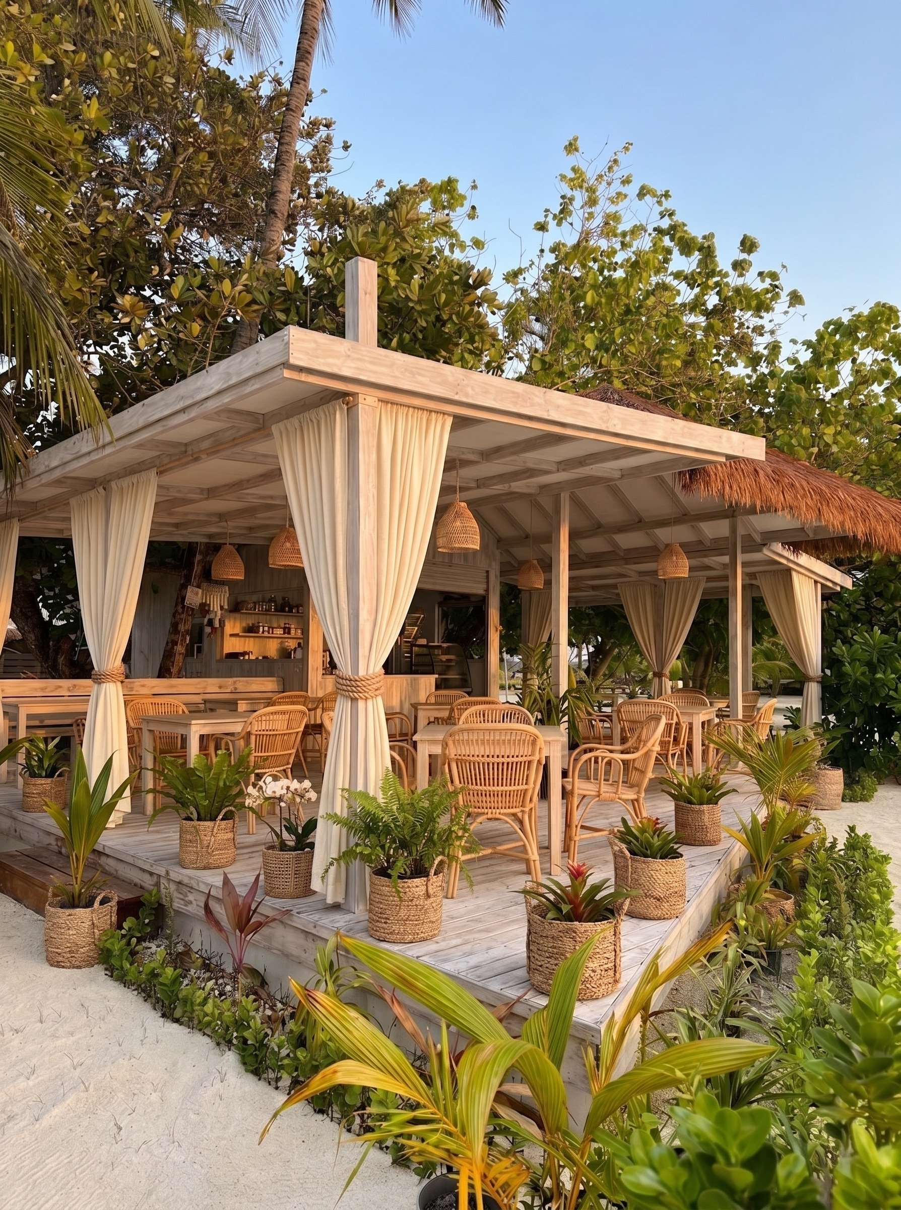 Render of the deck clad in weathered timber with rattan chairs and cream curtains