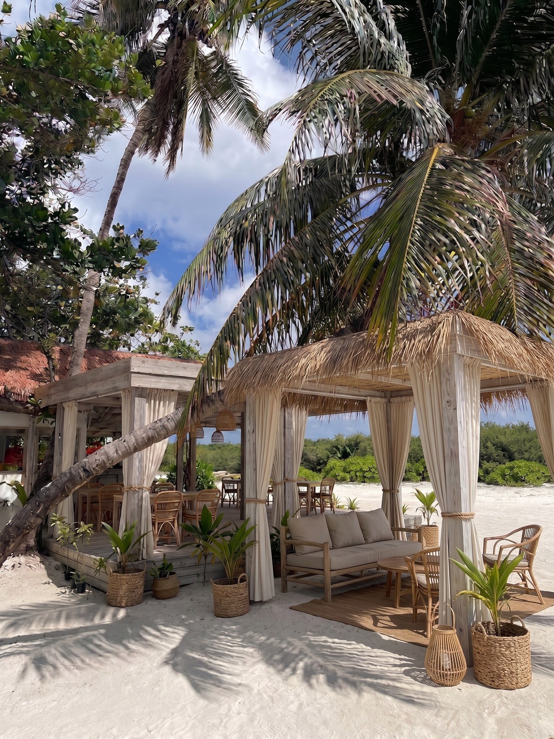 Render of the right lounge with shaded cabana seating