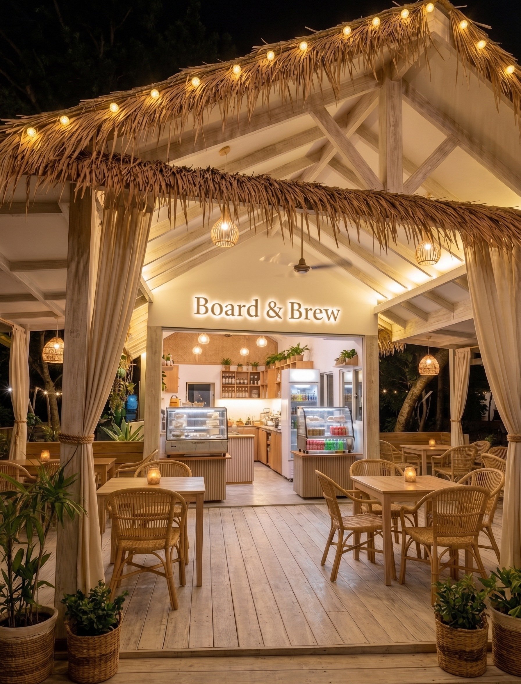 Render of the cafe at night, lit by warm pendants, candles and festoon bulbs