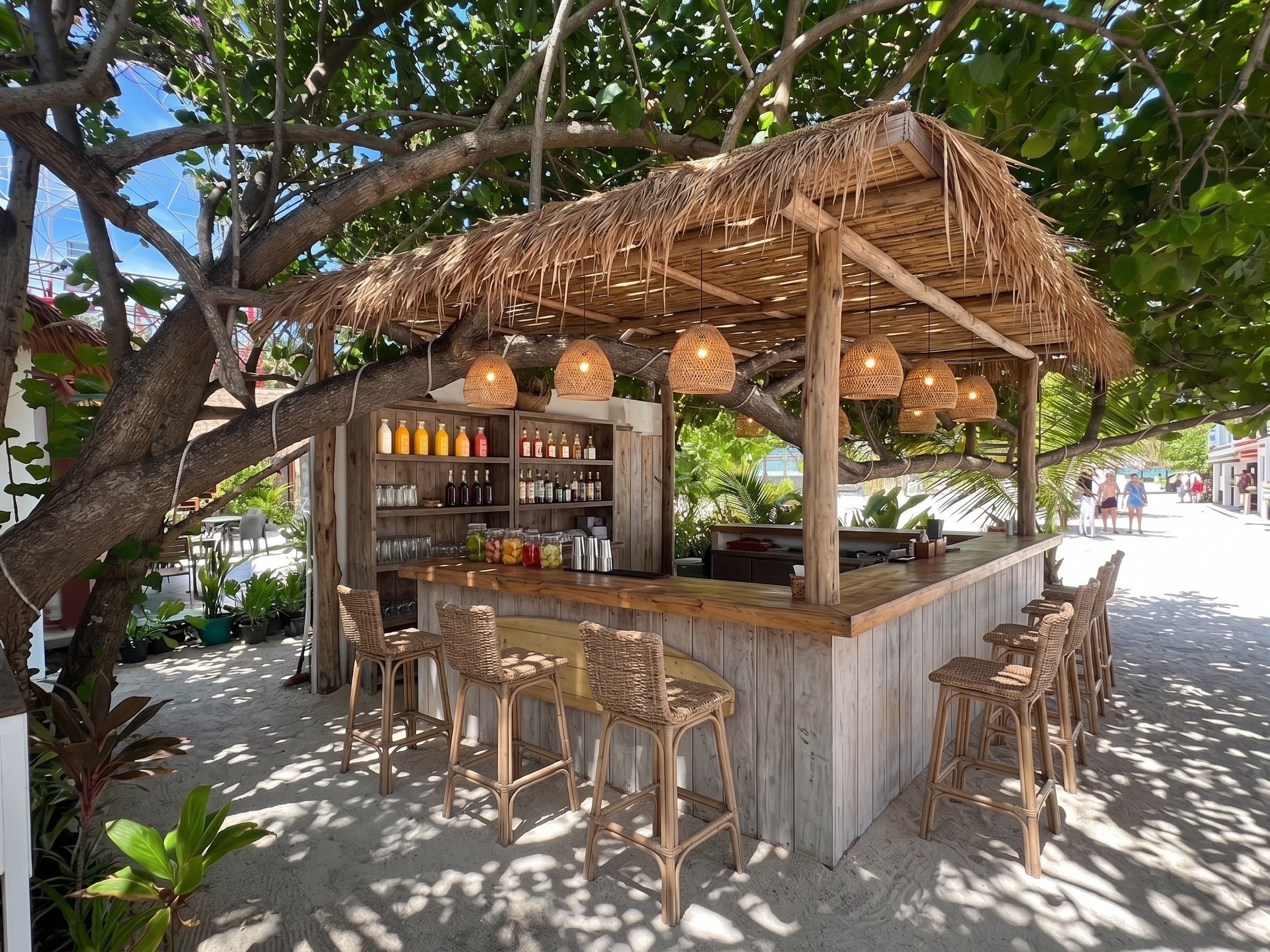 Daytime render of the new L-shaped bar under the tree, with thatched pergola and rattan stools