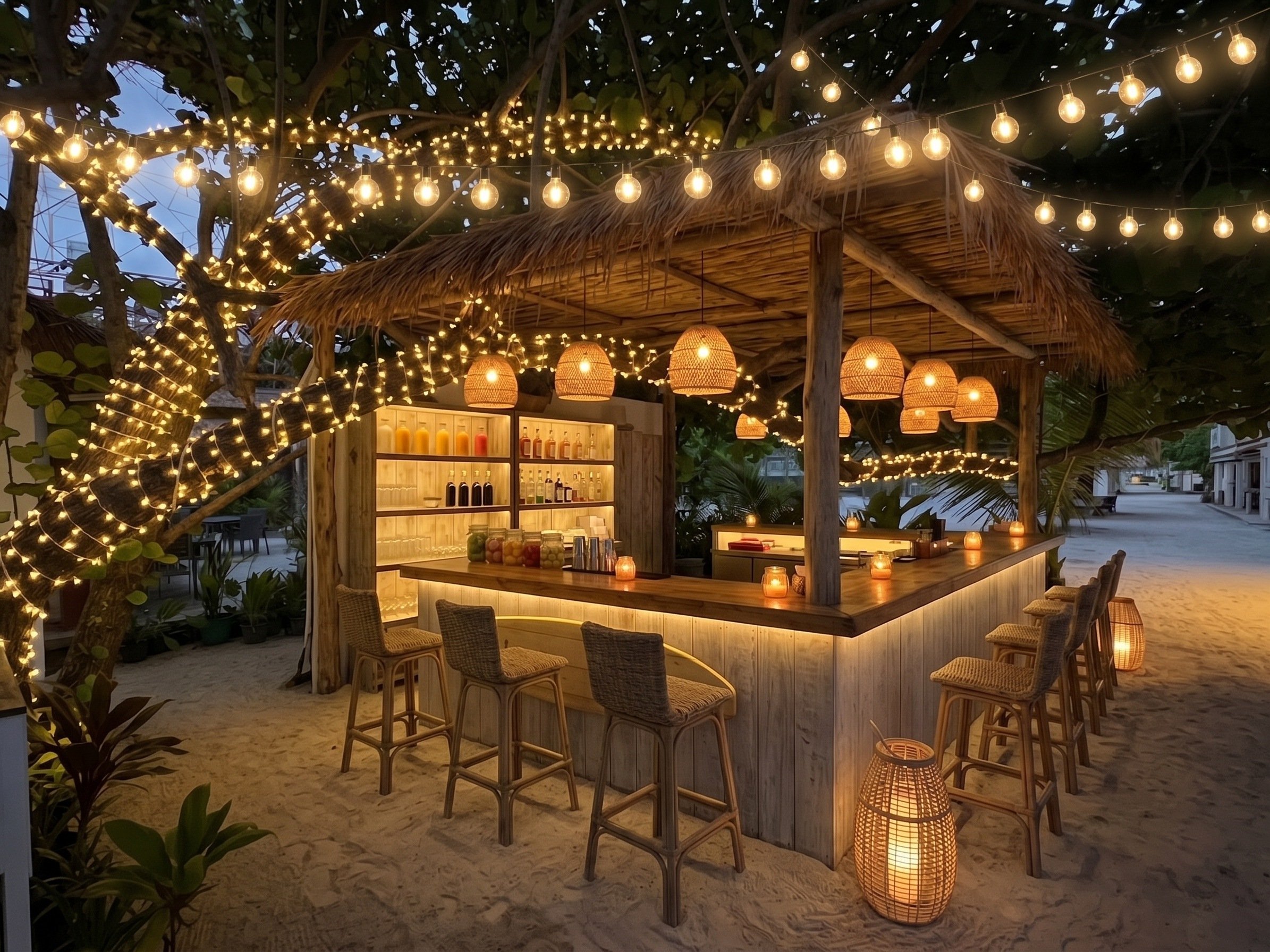 Night render of the same bar, with the tree and pergola lit by string lights and lanterns